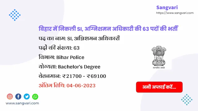 Bihar Police Recruitment 2023 | बिहार में निकली SI, अग्निशमन अधिकारी की 63 पदों की भर्ती